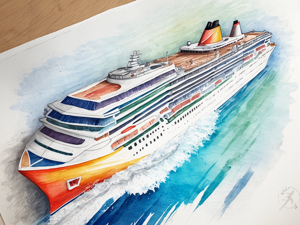 Ein farbenfrohes Aquarellbild eines Kreuzfahrtschiffs, das über das Wasser fährt. Das Schiff hat mehrere Decks, große Fenster und eine auffällige Farbgestaltung in Orange, Blau und Weiß. Es hinterlässt schäumende Wellen im Wasser, das in verschiedenen Blautönen und hellgrünem Farbton dargestellt ist. Der Himmel ist hell und verleiht der gesamten Szene ein lebendiges Ambiente, das die Vorfreude auf zukünftige Kreuzfahrten symbolisiert. Das Bild vermittelt das Thema von FITUR Cruises 2025 und einem nachhaltigen Kreuzfahrtboom.