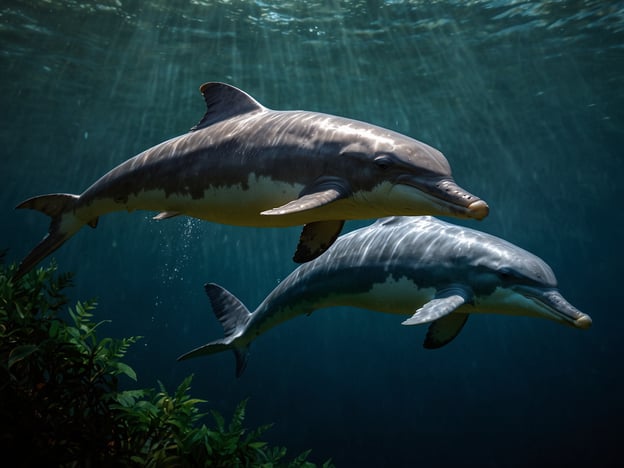 Auf dem Bild sind zwei Flussdelfine zu sehen, die sanften Riesen des Amazonas. Diese einzigartigen Tiere schwimmen durch klares Wasser, umgeben von einer natürlichen Unterwasserlandschaft. Flussdelfine sind bekannt für ihre graue bis rosa Färbung und ihr verspieltes Verhalten. Sie leben in den Flüssen des Amazonasgebiets und sind an die Süßwasserumgebung angepasst. Ihr Anblick vermittelt ein Gefühl von Frieden und Harmonie in der oft turbulenten Natur des Amazonas.