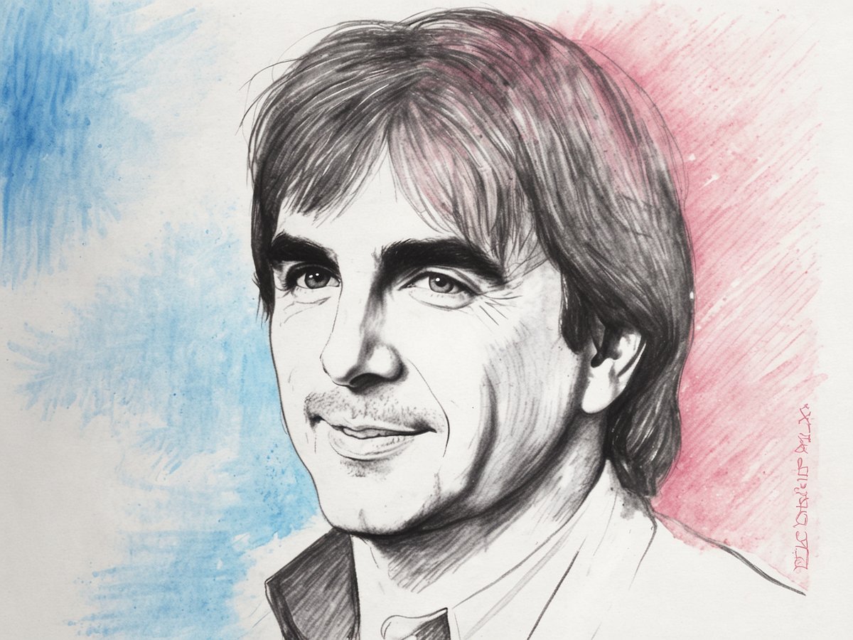 Ein Portrait eines Mannes mit schulterlangen, braunen Haaren und einem charmanten Lächeln. Der Hintergrund ist in sanften Blau- und Rosatönen gehalten, die eine romantische Atmosphäre erzeugen. Der Mann trägt ein helles Oberteil und blickt direkt in die Kamera, was dem Bild eine persönliche Note verleiht. Die künstlerische Darstellung vermittelt eine tiefgehende Emotion.