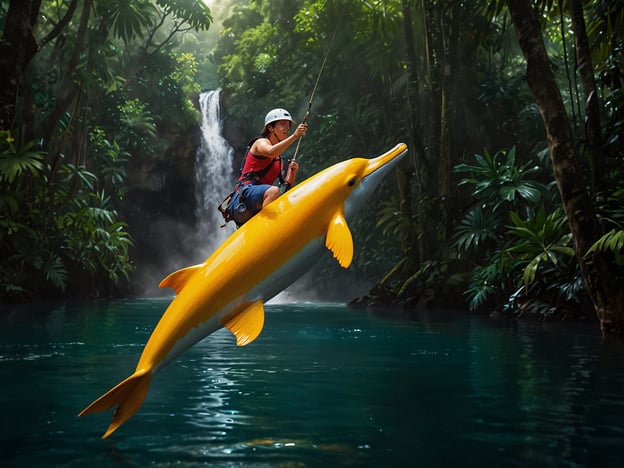 Auf dem Bild sieht man eine Person, die auf einer großen, gelben Wasser-Pflanze schwebt, während sie in der malerischen und üppigen Umgebung des Amazonas steht. Im Hintergrund ist ein Wasserfall zu sehen, umgeben von dichten, grünen Pflanzen und Bäumen. Diese Szene vermittelt ein Gefühl von Abenteuer in der Natur und erinnert an verschiedene Outdoor-Aktivitäten wie Kajakfahren, Flora- und Faunabeobachtungen oder sogar das Erkunden verborgen gelegener Wasserwege. Die Kombination aus Abenteuer und der beeindruckenden Natur des Amazonas bietet eine aufregende Kulisse für verschiedene Erlebnisse im Freien.