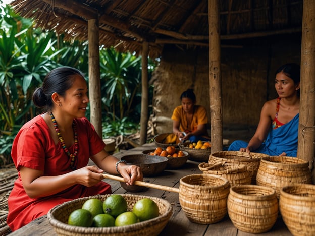 Auf dem Bild sieht man Frauen, die in einem traditionellen Umfeld arbeiten. Sie sind umgeben von Körben mit frischen Früchten, was auf eine lokale Ernte oder einen Markt hindeutet. Solche Szenen sind oft Teil kultureller Erlebnisse in vielen Gemeinschaften, wo Frauen eine zentrale Rolle in der Lebensmittelproduktion und -verarbeitung spielen.

Die Kleidung der Frauen könnte auf ihre kulturellen Traditionen hinweisen, was häufig in handgefertigten Stoffen und typischen Farben der Region zu sehen ist. Solche Traditionen werden oft durch jahrzehntelange Praktiken und Bräuche weitergegeben, die das Gemeinschaftsleben und die Identität stärken. 

Das Zusammensitzen und Arbeiten in Gruppen kann auch ein sozialer Akt sein, der den Austausch von Geschichten und Wissen fördert, was in vielen Kulturen von großer Bedeutung ist. Solche Gemeinschaftserlebnisse schaffen ein Gefühl der Zusammengehörigkeit und des Teilens, das in ländlichen oder indigenen Gemeinschaften besonders geschätzt wird.