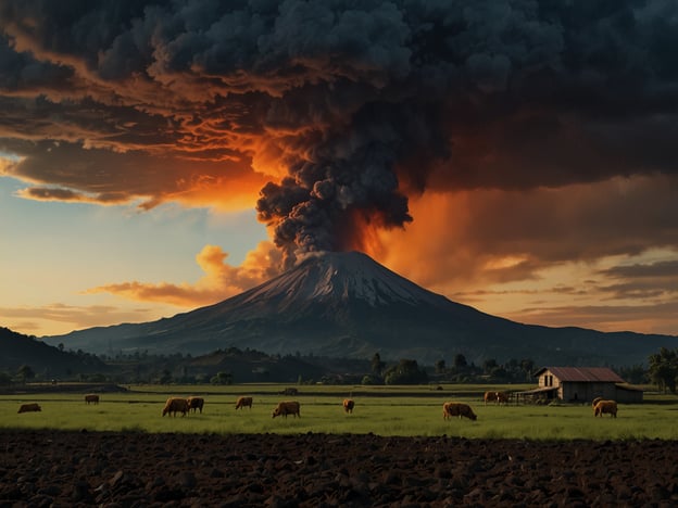 Auf dem Bild ist ein Vulkan zu sehen, der aktiv Feuer und Rauch ausstößt. Diese Vulkanaktivität kann erhebliche Folgen für die Umgebung haben, insbesondere für die Stadt Pasto in Kolumbien, die in der Nähe von Vulkanen liegt. 

Die Eruption kann Asche und Gase freisetzen, die die Luftqualität beeinträchtigen und gesundheitliche Risiken für die Bevölkerung darstellen. Zudem könnte die landwirtschaftliche Nutzung in der Region beeinträchtigt werden, da Asche die Felder kontaminieren kann. Auch die Tierhaltung könnte leiden, wie an den Kühen auf dem Bild zu sehen ist, da sie durch die Asche und den Verlust von Weideflächen betroffen sein könnten. 

Zusätzlich besteht die Gefahr von pyroklastischen Strömen und Laharen, die im Falle von starkem Regen zu verheerenden Überschwemmungen führen können. Die Menschen in Pasto müssen sich daher auf mögliche Evakuierungen und Notfallmaßnahmen vorbereiten, um sicher zu bleiben.