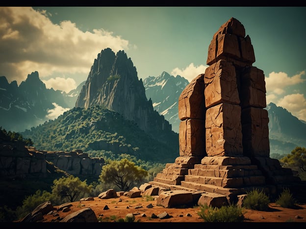 Auf dem Bild ist eine beeindruckende Statue zu sehen, die aus großen Steinblöcken gefertigt ist und auf einer Plattform steht. Im Hintergrund erheben sich majestätische Berge, die eine atemberaubende Kulisse bieten. Diese Statue könnte eine zentrale Anlaufstelle im Park darstellen, die zu einer Entdeckungsreise durch die Welt der Statuen einlädt. Um sie herum erstreckt sich eine wildromantische Landschaft mit grünen Bäumen und Sträuchern, was die natürliche Schönheit des Ortes unterstreicht. Der Ort scheint ideal für Entdeckungen und Erkundungen zu sein, sowohl für Kunstliebhaber als auch für Naturfreunde.