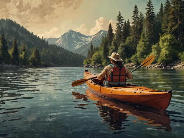 Auf dem Bild ist eine Person zu sehen, die in einem orangefarbenen Kajak auf einem ruhigen Fluss paddelt. Im Hintergrund erheben sich majestätische Berge, umgeben von dichten Wäldern. Diese Szene vermittelt eine friedliche Atmosphäre und lädt zu vielfältigen Outdoor-Aktivitäten ein, wie Kajakfahren, Wandern in den Bergen oder einfach das Genießen der Natur. Solche Erlebnisse fördern die Erholung und die Verbindung zur Natur.