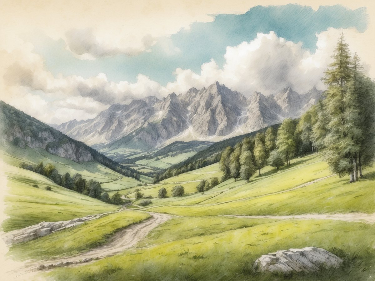 Eine malerische Landschaft mit sanften, grünen Hügeln und einem schmalen Weg, der durch das Bild führt. Im Hintergrund erheben sich majestätische Berge mit schroffen Gipfeln unter einem teilweise bewölkten Himmel. Die Szene strahlt eine friedliche und naturnahe Atmosphäre aus, die typisch für die Region Katschberg in Kärnten ist. Die üppige Vegetation und die beeindruckenden Bergkulissen schaffen eine idyllische Kulisse für Outdoor-Aktivitäten und Erholung in der Natur.