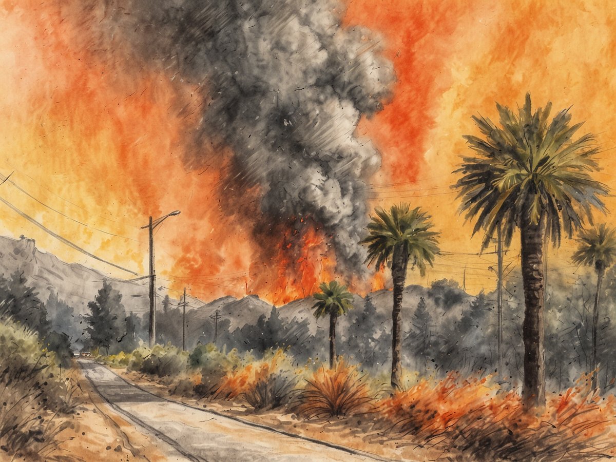 Eine Straße führt durch eine brennende Landschaft, umgeben von hohen Palmen und dichten Büschen. Im Hintergrund sind massive Rauchwolken und Flammen zu sehen, die eine orange und rote Himmelstimmung erzeugen. Stromleitungen sind entlang der Straße sichtbar. Die gesamte Szenerie vermittelt das Bild eines intensiven Waldbrandes, der die Umgebung stark beeinträchtigt.