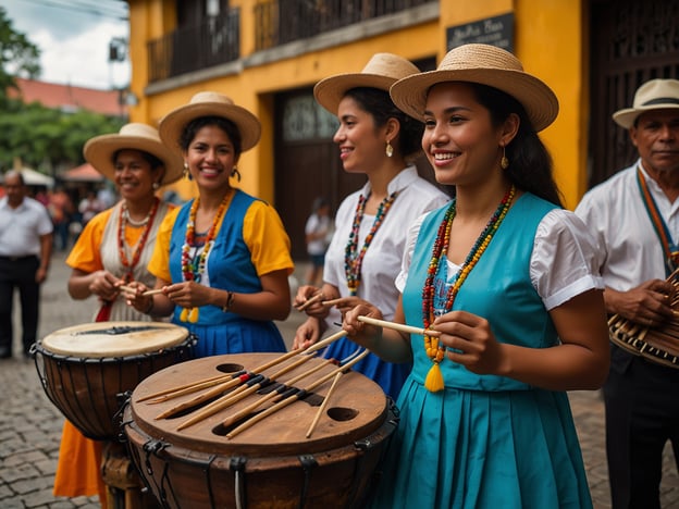 Auf dem Bild sind mehrere Personen zu sehen, die traditionell gekleidet sind und musizieren. Sie spielen auf Trommeln und halten Musikinstrumente in den Händen. Die Frauen tragen bunte Kleider und Strohhüte, während sie fröhlich lächeln und im Rhythmus der Musik sind. Diese Szene spiegelt die kulturelle und musikalische Seele von Ibagué wider, einer Stadt in Kolumbien, die bekannt für ihre reiche Tradition in Musik und Tanz ist. Die Atmosphäre ist lebhaft und vermittelt ein Gefühl von Gemeinschaft und Feierlichkeit.