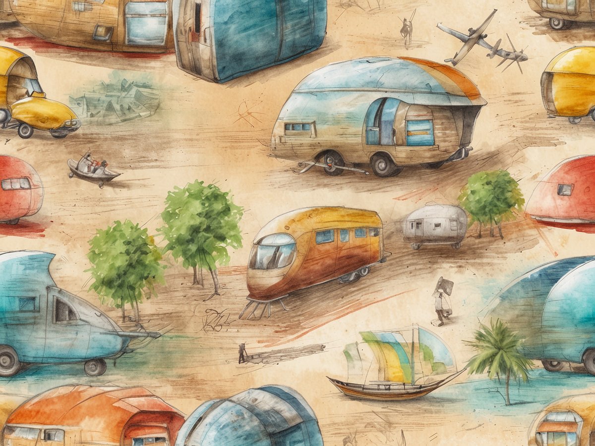 Auf dem Bild sind verschiedene Wohnmobile und Transportmittel abgebildet, die in einer farbenfrohen, skizzenhaften Landschaft angeordnet sind. Die Wohnmobile haben unterschiedliche Formen und Farben, darunter orange, blau und rot. Im Hintergrund sind Bäume und eine kleine Wasserfläche mit einem Boot zu sehen. Zudem fliegen Flugzeuge am Himmel, was auf das Thema Reisen hinweist. Die gesamte Szene vermittelt eine entspannte Reisestimmung und die Freiheit, unterwegs zu sein.
