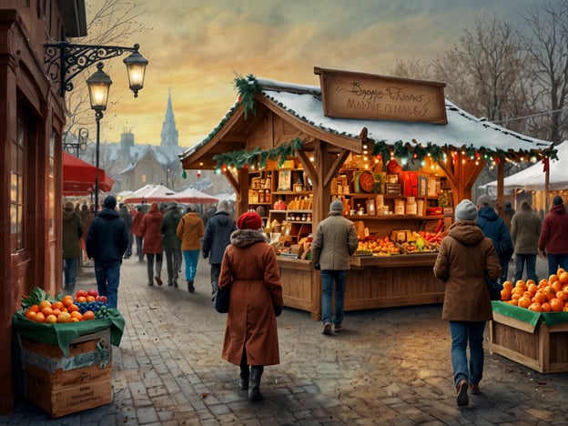 Auf dem Bild ist ein weihnachtlicher Markt zu sehen, der in einer Stadt mit historischem Flair stattfindet. Die Stände sind festlich dekoriert, und es gibt eine Auswahl an frischen Früchten sowie verschiedenen Leckereien, die typisch für Weihnachtsmärkte sind. 

In der Hauptstadt gibt es eine große Vielfalt an Weihnachtsmärkten, die jeweils ihre eigenen besonderen Angebote haben. Einige Märkte sind bekannt für handgemachte Geschenke, während andere eine breite Palette an kulinarischen Köstlichkeiten bieten, wie Glühwein, Lebkuchen und traditionelle Speisen. Die stimmungsvolle Atmosphäre, die festliche Beleuchtung und die Möglichkeit, lokale Handwerkskunst zu entdecken, machen die Weihnachtsmärkte zu einem beliebten Ziel in der Vorweihnachtszeit.