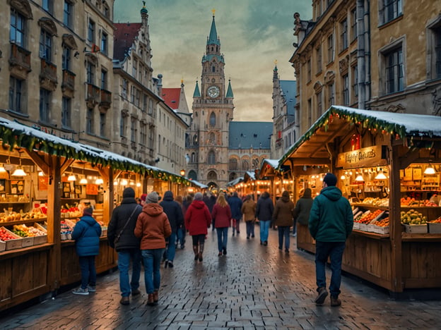 Auf dem Bild ist der Münchner Christkindlmarkt am Marienplatz zu sehen, der für seine Tradition und Vielfalt bekannt ist. Die festlich dekorierten Verkaufsstände bieten eine Vielzahl von Leckereien und handgefertigten Produkten an, während die historische Architektur im Hintergrund zur weihnachtlichen Atmosphäre beiträgt. Viele Menschen schlendern durch die Gassen, genießen die festliche Stimmung und die Lichter, die den Markt erhellen.