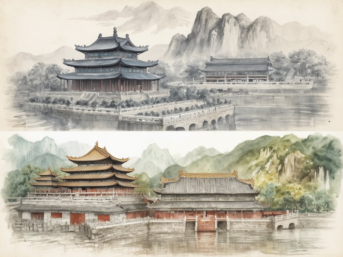 Auf dem Bild sind zwei Aquarelldarstellungen traditioneller chinesischer Architektur zu sehen. Im oberen Teil befindet sich ein weitläufiges Gebäude mit einem geschwungenen Dach, umgeben von Bäumen und Bergen, das an einem Wasserlauf liegt. Im unteren Teil ist ein weiteres prachtvolles Bauwerk abgebildet, ebenfalls mit einem charakteristischen Dach und integriert in eine panoramische Landschaft von Bergen und Natur. Beide Gebäude reflektieren die historische und kulturelle Schönheit Chinas.