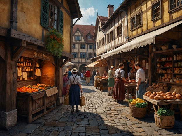 Auf dem Bild ist ein lebhafter Mittelaltermarkt am Wittelsbacherplatz dargestellt. Die Szene zeigt enge, gepflasterte Gassen, gesäumt von charmanten, historischen Gebäuden mit Holzbalken und bunten Fensterläden. Marktstände bieten frisches Obst und Gemüse an, während Menschen in mittelalterlicher Kleidung miteinander interagieren und die Waren begutachten. Die Atmosphäre vermittelt ein Gefühl von Gemeinschaft und das pulsierende Leben vergangener Zeiten. Ein wahrhaftiges Erlebnis aus der Geschichte, das zum Entdecken und Verweilen einlädt.