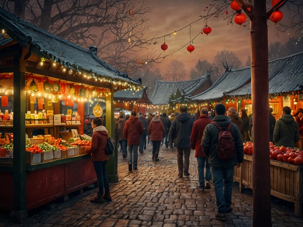 Auf dem Bild ist eine festliche Atmosphäre zu sehen, die an einen Weihnachtsmarkt am Chinesischen Turm erinnert. Es gibt geschmückte Verkaufsstände, die mit Lichtern und Dekorationen ausgestattet sind. Die Stände bieten eine Vielzahl von Produkten an, wahrscheinlich handwerkliche Erzeugnisse und frische Lebensmittel wie Obst. Die Besucher schlendern gemütlich durch den Markt, umgeben von einer malerischen Kulisse mit traditionellen chinesischen Elementen. Die winterliche Stimmung und die Lichter tragen zur besonderen Atmosphäre des Marktes bei.