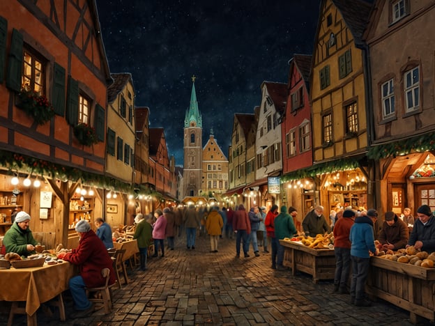 Auf dem Bild ist eine festliche Marktszene bei Nacht zu sehen, die an einen Krippenmarkt erinnert. Die Straßen sind von traditionellen, bunt verzierten Fachwerkhäusern gesäumt, und die Stände sind mit Lichtern geschmückt. Menschen bummeln um die Stände, einige handeln mit Waren, die typisch für einen Krippenmarkt sein könnten, wie Kunsthandwerk oder weihnachtliche Dekorationen. Die Atmosphäre vermittelt eine gemütliche, festliche Stimmung, ähnlich wie man sie auf dem Kripperlmarkt am Rindermarkt findet, dem größten Krippenmarkt Deutschlands.