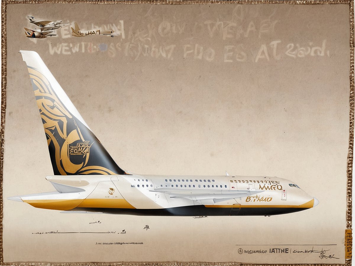 Ein stilisiertes Bild eines Flugzeugs mit dem Logo von Etihad Airways ist zu sehen. Das Flugzeug ist von der Seite dargestellt, mit auffälligen goldenen und schwarzen Designelementen auf dem Heck. Im Hintergrund sind stilisierte Darstellungen anderer Flugzeuge, die in unterschiedlichen Höhen fliegen. Der Hintergrund hat eine neutrale, sandfarbene Textur, die dem Bild einen künstlerischen und nostalgischen Charakter verleiht.