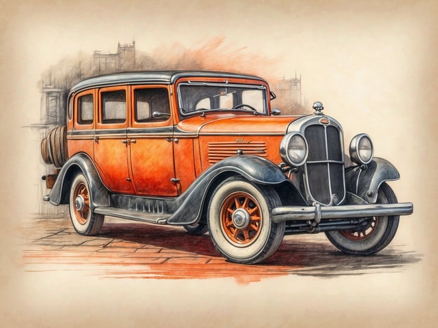 Auf dem Bild ist ein historisches Auto zu sehen, das in einem stilisierten, künstlerischen Stil dargestellt ist. Es hat eine auffällige orange Farbe mit schwarzen Details und erinnert an Fahrzeuge aus den 1920er oder 1930er Jahren. 

In der kulturellen Szene Prags könnte dieses Auto symbolisch für die faszinierende Vergangenheit der Stadt stehen, die mit Automobilgeschichte und klassischem Design verbunden ist. Es könnte Assoziationen zu den zahlreichen Straßen und Plätzen Prags wecken, auf denen früher solche Fahrzeuge fuhren, und die altehrwürdige Atmosphäre der Stadt einfangen. Der Anblick könnte auch Erinnerungen an nostalgische Stadtführungen oder Filme wecken, die in dieser malerischen Kulisse spielen.