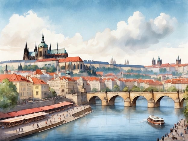 Auf dem Bild ist eine malerische Ansicht von Prag zu sehen, mit der beeindruckenden Prager Burg im Hintergrund. Der Vltava-Fluss fließt vor der Stadt, und eine Brücke verbindet die beiden Ufer. An den Ufern sieht man lebhafte Bereiche mit Menschen, die flanieren, sowie Restaurants mit roten Markisen, die zum Verweilen und Genießen einladen.

Kulinarisch hat Prag viel zu bieten, darunter traditionelle Gerichte wie Gulasch und Knödel, sowie süße Leckereien wie Trdelník. In den Restaurants entlang des Flusses könnte man die lokale tschechische Küche bei einer schönen Aussicht genießen.