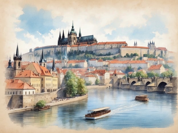 Auf dem Bild ist eine malerische Aussicht auf Prag zu sehen, insbesondere auf die Prager Burg, die majestätisch über der Stadt thront. In der Umgebung gibt es die Moldau mit Booten, die auf dem Wasser fahren. 

Aktivitäten in und um Prag könnten folgendes umfassen:

1. **Bootstour auf der Moldau**: Eine entspannende Art, die Stadt vom Wasser aus zu entdecken.
2. **Besuch der Prager Burg**: Eine der größten Burgen der Welt, die historische Architektur und wunderschöne Gärten bietet.
3. **Spaziergang über die Karlsbrücke**: Eine ikonische Brücke mit Statuen und beeindruckendem Blick auf die Stadt.
4. **Erkundung der Altstadt**: Mit der Astronomischen Uhr und dem lebhaften Marktplatz gibt es viel zu sehen.
5. **Genießen der tschechischen Küche**: In den zahlreichen Restaurants und Kneipen kann man traditionelle Gerichte probieren.

Prag ist reich an Geschichte und Kultur, und das Bild fängt die Schönheit der Stadt wunderbar ein.