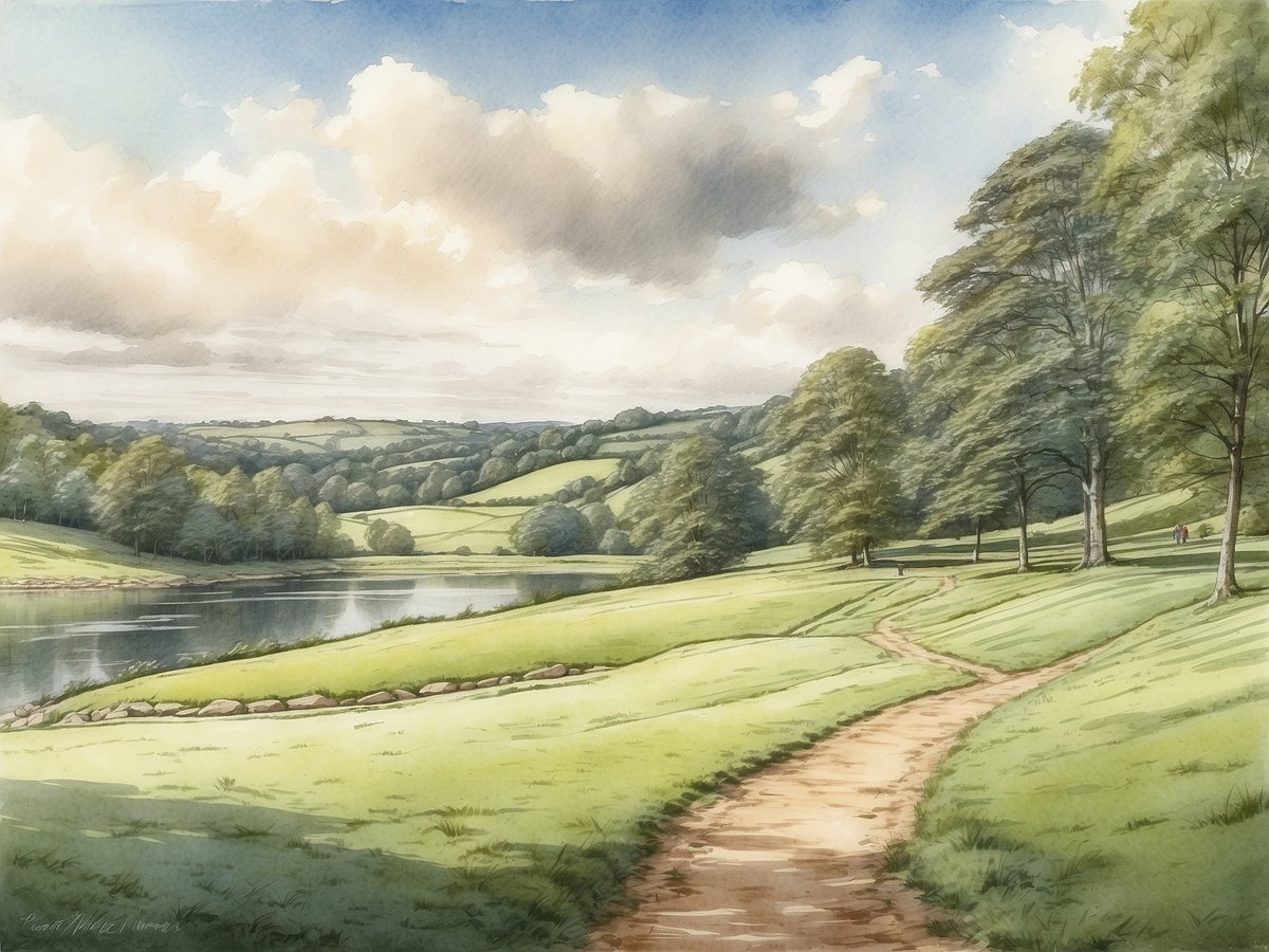 Eine malerische Landschaft in Derbyshire mit sanften Hügeln, die mit üppigem Grün bedeckt sind. Ein ruhiger Fluss schlängelt sich durch die Szenerie, während Baumwälder die Ufer säumen. Ein gewundener Weg aus Sand führt durch die Wiese, und in der Ferne sind Spaziergänger sichtbar, die die friedliche Umgebung genießen. Der Himmel ist klar mit einigen Wolken, die sanfte Lichtreflexionen auf dem Wasser erzeugen.