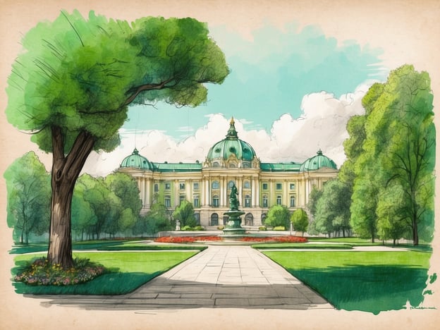 Auf dem Bild ist eine künstlerische Darstellung eines Gebäudes mit einer auffälligen Architektur und einer schönen Parklandschaft im Vordergrund zu sehen. Umgeben von üppigem Grün deuten die Bäume und Blumen auf eine gepflegte Gartenanlage hin, die typisch für die grüne Seite von Wien sind. Die harmonische Verbindung von Natur und Architektur spiegelt die kulturelle Vielfalt und Schönheiten der Stadt wider.