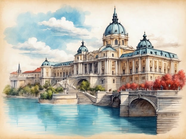 Auf dem Bild ist eine malerische Ansicht eines Schlosses oder einer prächtigen Architektur am Wasser zu sehen, umgeben von Bäumen und mit einer wunderschönen Brücke, die den Zugang zur Gebäudeanordnung ermöglicht. Diese Szene erinnert an die Geschichte von Budapest, wo das beeindruckende Budaer Schloss, das auf dem Hügel thront, das historische Zentrum der Stadt prägt. 

Das Budaer Schloss, das im Laufe der Jahrhunderte viele Umgestaltungen durchlief, war einst die Residenz der ungarischen Könige. Es symbolisiert die reiche Geschichte Budapests und ist ein bedeutendes Wahrzeichen. Die Architektur des Schlosses spiegelt verschiedene Stile wider, von der Romanik bis zur Barockzeit, und ist umgeben von Gärten, die oft zur Erholung und für Veranstaltungen genutzt werden. 

Die Wasseroberfläche im Bild könnte die Donau darstellen, die die Stadt in zwei Teile teilt – Buda und Pest, die im Jahr 1873 zur heutigen Hauptstadt vereinigt wurden. Diese kulturelle und historische Verbindung wird häufig durch die lebendige Atmosphäre und die beeindruckenden Bauten verkörpert, die die Geschichte und die Einflüsse verschiedener Epochen in Budapest dokumentieren.