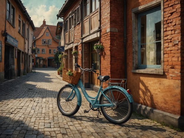 Auf dem Bild ist ein blaues Fahrrad mit einem Korb zu sehen, das an einer Wand in einer gemütlichen, historischen Gasse abgestellt ist. Die Häuser haben warme Farbtöne und sind aus Ziegelstein. Dieses Szenario könnte gut zu einem Fahrradverleih in Büsum passen, wo Besucher die malerische Umgebung erkunden können. Ein Fahrradausflug wäre ideal, um die schönen Landschaften und das maritime Flair der Region zu genießen. Der Service, der Fahrräder anbietet, könnte auch hilfreiche Informationen zu den besten Radwegen in der Umgebung bereitstellen.