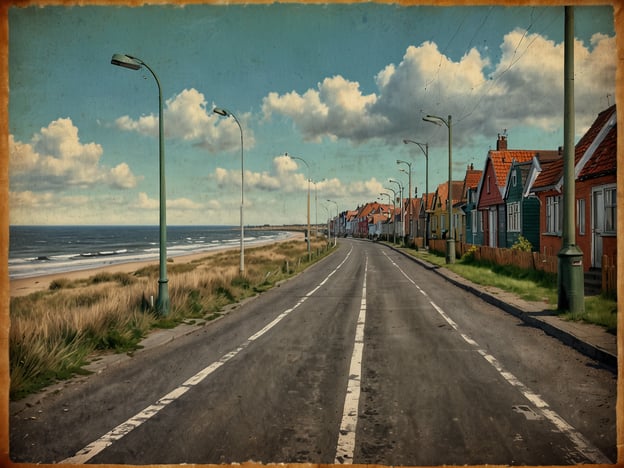 Auf dem Bild ist eine malerische Küstenstraße zu sehen, die entlang des Strandes verläuft. Auf der linken Seite sieht man das Meer mit sanften Wellen, während rechts bunte Häuser mit klassischen Dachformen stehen. Die Straße ist übersichtlich und es gibt laternen, die eine charmante Atmosphäre schaffen. Die untere Bildhälfte zeigt grünes Gras, das an den Weg grenzt. 

Fazit: Büsum als Fahrradparadies bietet eine idyllische Kulisse für Radfahrer, um die Schönheit der Küstenlandschaft zu genießen.