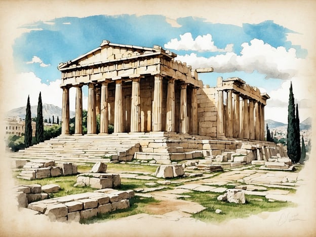 Auf dem Bild ist ein antiker Tempel zu sehen, der sehr wahrscheinlich der Parthenon auf der Akropolis in Athen ist. Der Parthenon ist eines der bekanntesten Wahrzeichen Griechenlands und war der Göttin Athene gewidmet. Die majestätischen Säulen und die beeindruckende Architektur spiegeln die klassische griechische Baukunst wider. Um den Tempel herum sind einige Trümmer und Ruinen zu erkennen, die mit der Geschichte des alten Athens verbunden sind.