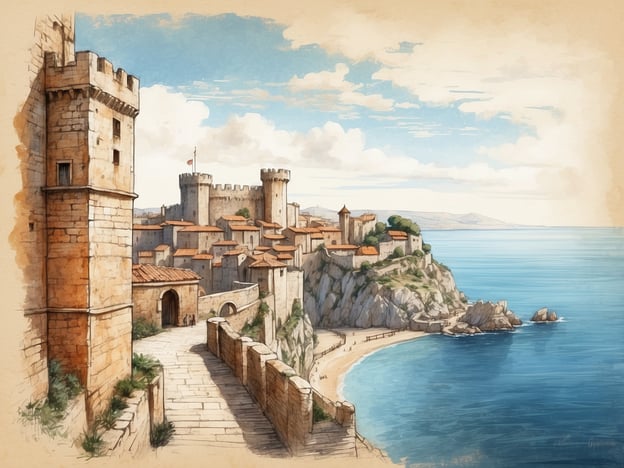 Auf dem Bild ist eine malerische Küstenlandschaft zu sehen, die an die historische Stadt Dubrovnik erinnert. Dubrovnik, auch bekannt als Ragusa, liegt an der adriatischen Küste Kroatiens und ist für seine beeindruckenden Stadtmauern und mittelalterliche Architektur bekannt. 

Die Stadt wurde im 7. Jahrhundert gegründet und entwickelte sich im Laufe der Jahrhunderte zu einer bedeutenden maritime Handelsstadt. Ihre gut erhaltenen Bauwerke, wie die Festungsmauern und Türme, zeugen von der strategischen Bedeutung, die Dubrovnik in der Vergangenheit hatte. Die mittelalterlichen Strukturen wurden nicht nur zur Verteidigung erbaut, sondern auch, um den Reichtum und die kulturelle Vielfalt der Stadt zu repräsentieren. Dubrovnik ist heute ein UNESCO-Weltkulturerbe und zieht Touristen aus aller Welt an, die die Schönheit und Geschichte dieser einzigartigen Stadt erkunden möchten.