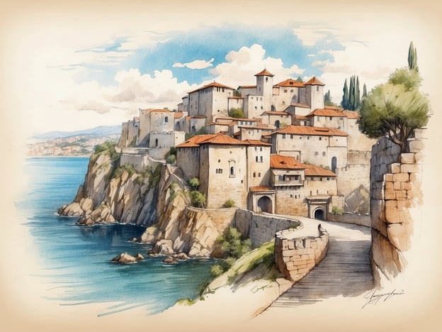 Auf dem Bild ist eine malerische Küstenlandschaft zu sehen, die an die Altstadt von Dubrovnik erinnert. Mögliche Sehenswürdigkeiten könnten die Stadtmauer von Dubrovnik sein, die sich entlang der Küste zieht, sowie die beeindruckende Architektur der historischen Gebäude mit ihren charakteristischen roten Ziegeldächern. Die Klippen und das klare Wasser der Adria sind ebenfalls typisch für die Region. Diese Szenerie vermittelt das Gefühl von Geschichte und Schönheit, das Dubrovnik auszeichnet.