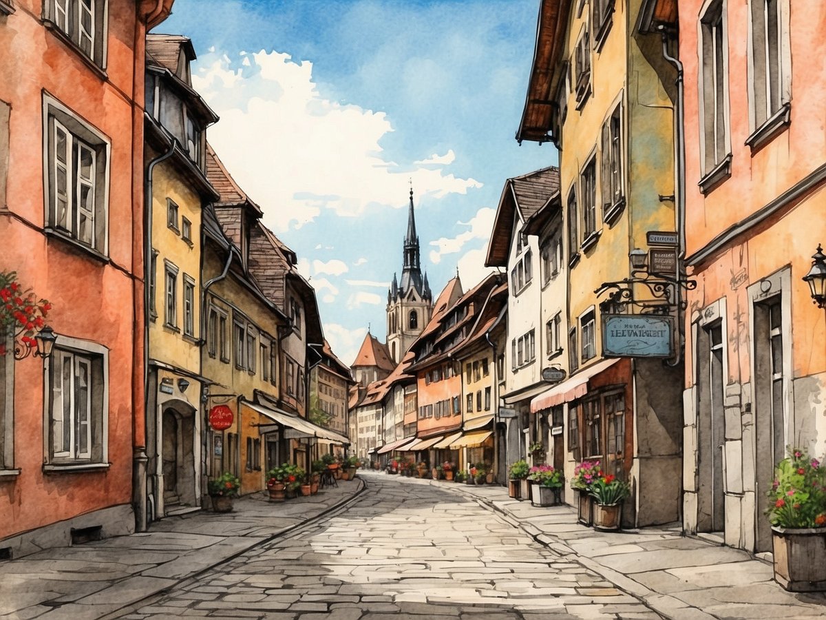 Eine malerische Ansicht von Neustadt in Sachsen, die sanften Hügel im Hintergrund und eine historische Burg zeigt. Die Uferpromenade entlang eines ruhigen Flusses ist von bunten, traditionellen Häusern gesäumt, deren Dächer in verschiedenen Rottönen leuchten. Auf der linken Seite sind schöne Terrassen mit Tischen und Stühlen unter roten Schirmen zu sehen. Zwischen den Häusern fließt der Fluss, der von einer Steinfundamentbrücke überquert wird. Die Szenerie vermittelt eine friedliche und charmante Atmosphäre.