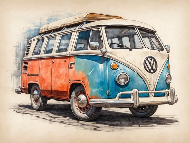 Auf dem Bild ist ein klassischer Volkswagen-Bus zu sehen, der in auffälligen Farben bemalt ist. Dieses Fahrzeug, oft als VW Bulli bezeichnet, hat eine ikonische Form und ist ein Symbol für Freiheit und Abenteuer, insbesondere in den 1960er und 70er Jahren. Er wird oft mit dem sogenannten Hippie-Lifestyle assoziiert und spielt eine bedeutende Rolle in der Popkultur, in Musik und Kunst.

Die Darstellung dieses Fahrzeugs in einer künstlerischen Interpretation unterstreicht die nostalgische Wertschätzung, die vielen Menschen für diese Ära und den begleitenden Lebensstil empfindet. Solche Bilder erinnern an Reisen, Gemeinschaft und die Begeisterung für das Entdecken neuer Orte. Die Farben und der Detailreichtum verleihen dem Kunstwerk eine lebendige Ausstrahlung, die den Charme und das Erbe dieses zeitlosen Klassikers einfängt.