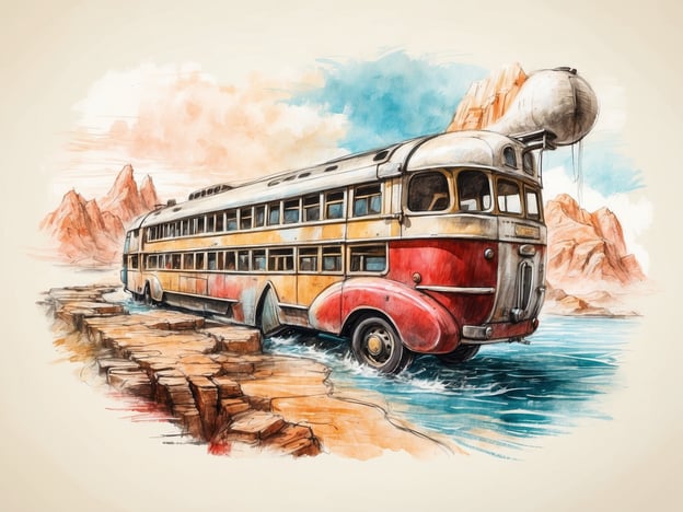 Auf dem Bild sieht man einen alten, nostalgischen Bus, der teilweise im Wasser steht. Die Szene ist in einer malerischen Landschaft mit Bergen und einer ruhig fließenden Wasseroberfläche dargestellt. 

Dies könnte eine interessante Kulisse für Aktivitäten und Unterhaltung bieten, wie zum Beispiel:

- **Roadtrips**: Man könnte sich vorstellen, mit Freunden in diesem Bus eine spannende Reise durch die Berge zu unternehmen.
- **Camping-Abenteuer**: Der Bus könnte als ideale Unterkunft für ein Camping-Wochenende am See dienen.
- **Künstlerische Inspiration**: Die malerische Umgebung eignet sich hervorragend für Mal- oder Fotoworkshops.
- **Geschichten erzählen**: Man könnte die originelle Szenerie nutzen, um kreative Geschichten oder Abenteuer zu erfinden.

Insgesamt evoziert das Bild eine Atmosphäre von Freiheit und Entdeckung.