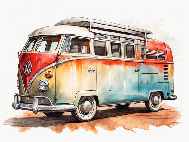 Auf dem Bild ist ein klassischer VW-Bus zu sehen, der in lebhaften Farben gestrichen ist. 

**Praktische Reisetipps:**

1. **Planung der Route:** Wenn du mit einem Camper oder Bus reist, plane im Voraus, wo du übernachten möchtest. Schau nach Campingplätzen oder Stellplätzen entlang der Route.

2. **Packliste:** Stelle sicher, dass du genügend Vorräte, Kochutensilien und persönliche Gegenstände mitnimmst. Denke auch an eine Erste-Hilfe-Ausrüstung.

3. **Fahrzeugwartung:** Vor der Abfahrt solltest du dein Fahrzeug überprüfen lassen. Das beinhaltet Ölwechsel, Reifendruck und Bremsen.

4. **Sicherheit:** Halte stets eine Notfallausrüstung bereit – einschließlich Pannenhilfe, Taschenlampe und Wasser.

5. **Genießen:** Mach Pausen und erkunde die Umgebung. Oft bieten sich schöne Sehenswürdigkeiten und Naturerlebnisse entlang der Strecke an. 

Viel Spaß auf deiner Reise!