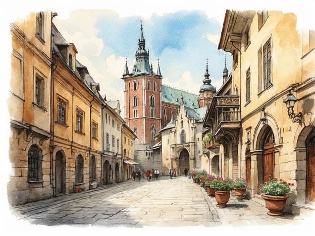 Auf dem Bild ist eine malerische Straße in Krakau zu sehen, die von historischen Gebäuden gesäumt wird. Im Hintergrund erhebt sich ein prächtiger Turm, der vermutlich zur Wawel-Kathedrale gehört, einem bedeutenden Symbol der polnischen Geschichte. Diese Kathedrale ist nicht nur ein architektonisches Meisterwerk, sondern auch das traditionelle Begräbnisstätte polnischer Könige.

Krakau hat eine reiche Geschichte, die bis ins Mittelalter zurückreicht und sie war einst die königliche Hauptstadt Polens. Die alte Stadt zieht Besucher mit ihren gut erhaltenen Gebäuden, charmanten Gassen und kulturellem Erbe an. Die dichte Ansiedlung von Geschäften und Cafés zeugt von der lebendigen Atmosphäre, die die Stadt bietet.