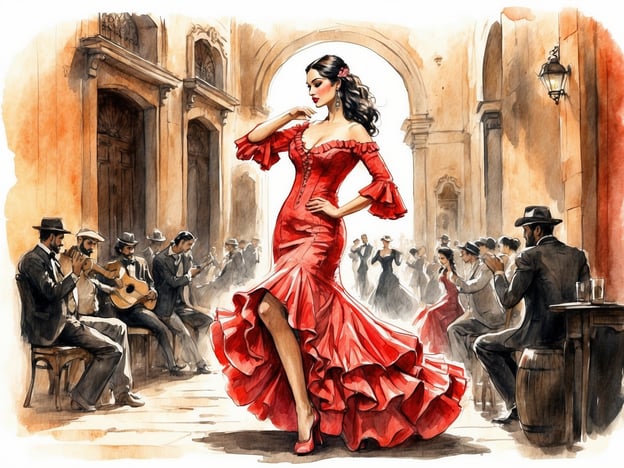 Auf dem Bild ist eine lebendige Flamenco-Szene zu sehen, die typisch für Sevilla ist. Eine Frau trägt ein auffälliges rotes Kleid mit Rüschen und tanzt elegant vor einer Gruppe von Männern, die Gitarre spielen und aufmerksam zuschauen. Die Atmosphäre ist voller Energie, und im Hintergrund sind weitere Tänzerinnen zu erkennen, die die Leidenschaft und Tradition des Flamenco verkörpern. Die Architektur des Umfelds verstärkt den kulturellen Charme dieser Darstellung.