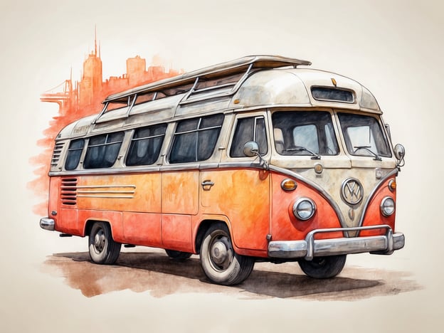 Auf dem Bild ist ein klassischer Volkswagen-Bus zu sehen, der mit leuchtenden Farben gestaltet ist, insbesondere in Orange und Beige. Dieser Transporter, oft als „Bulli“ bekannt, ist ein beliebtes Symbol für Freiheit und Abenteuer. 

Die Darstellung könnte dazu inspirieren, verschiedene Viertel zu erkunden, insbesondere solche, die für ihren alternativen Lebensstil, Vintage-Kultur oder Camper-Communitys bekannt sind. Man könnte sich vorstellen, mit diesem Bus durch malerische Straßen zu fahren, neue Cafés oder Märkte in lebhaften Stadtvierteln zu entdecken oder an besonderen Veranstaltungen und Festivals teilzunehmen.