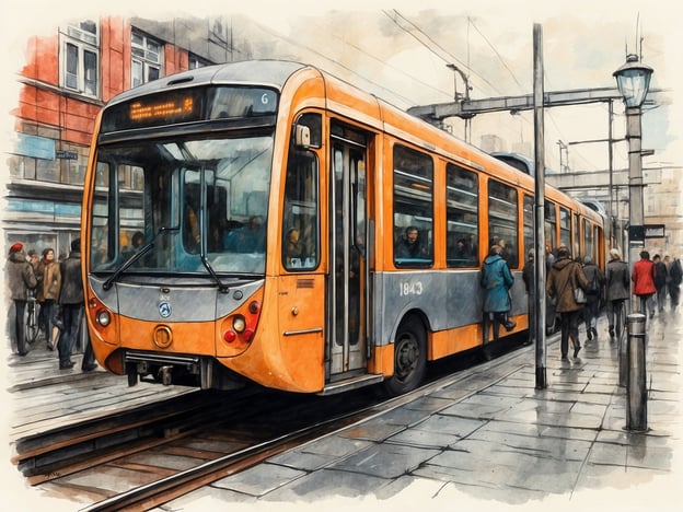 Auf dem Bild ist eine moderne Straßenbahn zu sehen, die in einer urbanen Umgebung hält. Die Straßenbahn hat eine auffällige orange-farbene Beschichtung und wird von Passagieren genutzt, die ein- und aussteigen. In Kopenhagen spielt die Straßenbahn, zusammen mit Bussen und Zügen, eine wichtige Rolle im öffentlichen Verkehrssystem. 

Die Stadt ist bekannt für ihr gut ausgebautes Verkehrsnetz, das es den Bewohnern und Touristen ermöglicht, sich effizient fortzubewegen. Radfahren ist ebenfalls sehr beliebt in Kopenhagen, was die Fortbewegungsmöglichkeiten weiter ergänzt.