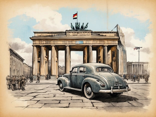 Auf dem Bild ist das Brandenburger Tor in Berlin zu sehen, ein wichtiges historisches Wahrzeichen der Stadt. Es wurde zwischen 1788 und 1791 erbaut und symbolisierte ursprünglich den Frieden. Während der Teilung Berlins stand das Tor direkt an der Grenze zwischen Ost- und Westberlin und wurde somit zum Symbol für die Teilung der Stadt und später auch für die Wiedervereinigung im Jahr 1989.

Im Vordergrund des Bildes ist ein klassisches Auto abgebildet, was auf eine frühere Epoche hinweisen könnte. Die Menschenmenge, die sich um das Tor versammelt hat, stellt auch die geschäftige Atmosphäre und die historischen Ereignisse dar, die sich um diesen zentralen Punkt in Berlin abspielten. Das Bild ist eine nostalgische Erinnerung an die verschiedenen Phasen in Berlins Geschichte, von der imperialen Zeit über die Konflikte des 20. Jahrhunderts bis hin zur heutigen Rolle der Stadt als kulturelles Zentrum.