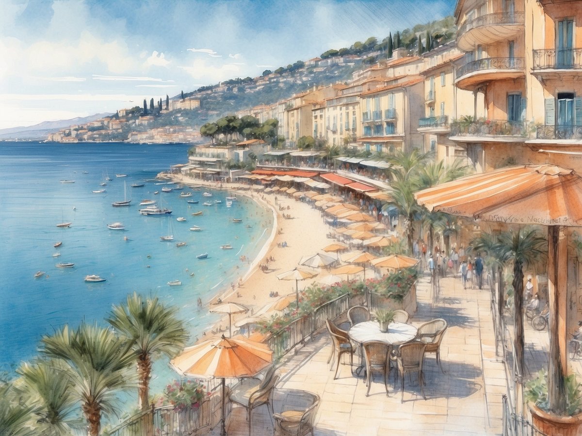 Eine malerische Küstenansicht der Französischen Riviera zeigt einen sonnenverwöhnten Strand mit goldfarbenem Sand und sanften Wellen. Im Vordergrund befinden sich elegante Terrassen mit Tischen und Stühlen, umgeben von Palmen und bunten Blumen. Sonnenschirme in kräftigen Farben bieten Schatten für die Gäste. Im Hintergrund erstrecken sich charmante, helle Gebäude entlang der Küste, während in der Ferne kleine Boote sanft auf dem Wasser schaukeln. Die Szenerie strahlt eine entspannte, luxuriöse Urlaubsatmosphäre aus.