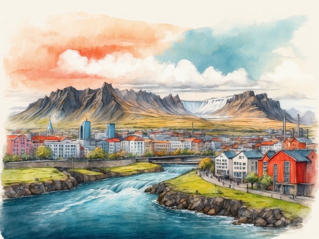 Auf dem Bild ist eine malerische Ansicht von Reykjavik zu sehen, der Hauptstadt Islands. Die Stadt liegt am Wasser und ist von beeindruckenden Bergen und einem Gletscher umgeben. 

Im Vordergrund sieht man einen Fluss, der durch die Landschaft fließt, sowie verschiedene Gebäude, die in hellen Farben gestaltet sind, darunter mehrere Häuser mit roten Dächern. Die gesamte Szene zeigt die Mischung aus urbanem Leben und eindrucksvoller Natur, die Reykjavik charakterisiert. Der Himmel ist in warmen Farben gehalten, was eine einladende Atmosphäre schafft.