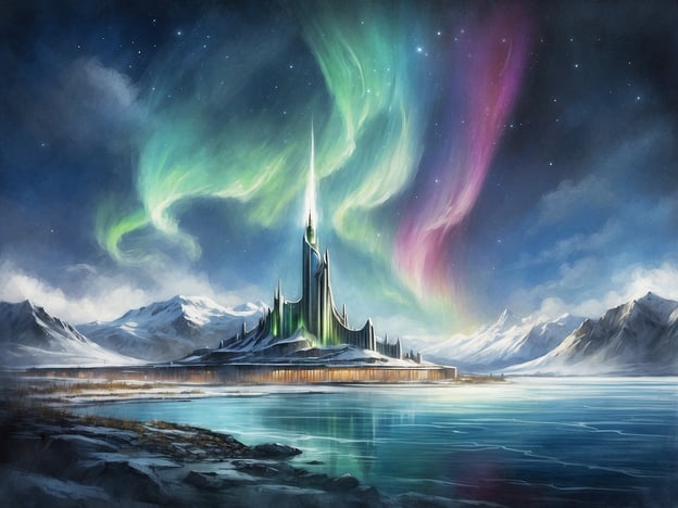 Auf dem Bild sieht man eine fantasievolle Darstellung, die von den Nordlichtern (Aurora Borealis) erleuchtet wird, mit einer beeindruckenden Architektur, die an Sehenswürdigkeiten in Reykjavik erinnern könnte. Besonders die Form des Gebäudes könnte an die Hallgrímskirkja erinnern, eine ikonische Kirche der Stadt, die für ihren neuen und modernen Stil bekannt ist. Auch die Gewässer im Vordergrund könnten auf die Lage Reykjaviks am Meer anspielen. Die schneebedeckten Berge im Hintergrund sind charakteristisch für die Landschaft rund um Reykjavik und betonen die Schönheit der Natur in Island.