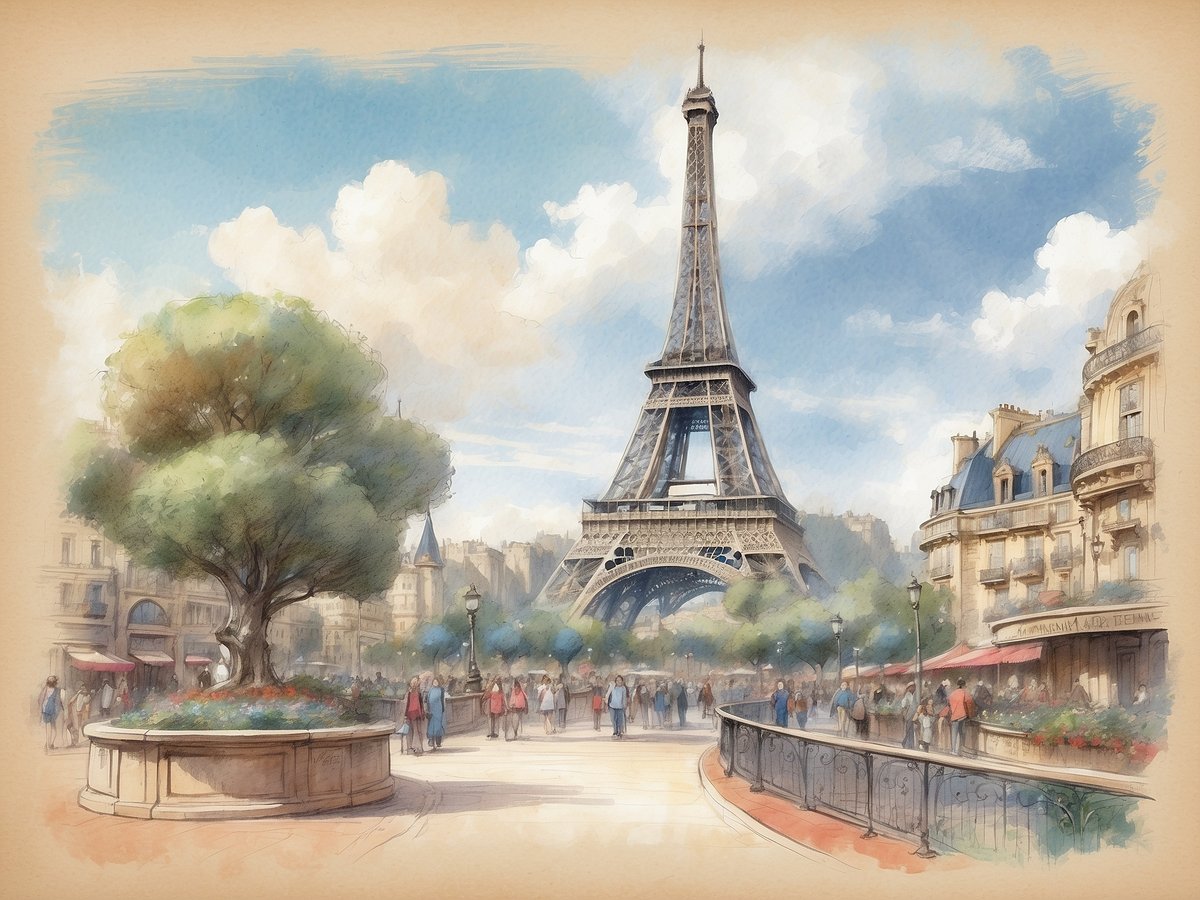 Ein lebendiger Platz in Paris mit dem Eiffelturm im Hintergrund, umgeben von grünen Bäumen und bunten Blumenbeeten. Menschen schlendern entlang der Promenade, es gibt Straßencafés mit roten Sonnenschirmen. Der Himmel ist blau mit einigen Wolken und die Atmosphäre wirkt einladend und freundlich, ideal für einen Familienurlaub in Frankreich.