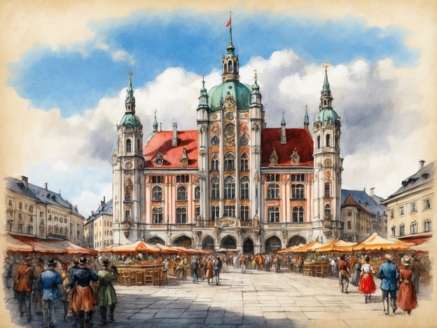 Auf dem Bild ist das Münchner Rathaus zu sehen, ein prächtiges Gebäude im neugotischen Stil, das den Marienplatz dominiert. Die charakteristischen Türme und die kunstvolle Fassade machen es zu einer der bekanntesten Sehenswürdigkeiten Münchens. Der Marienplatz, umgeben von geschäftigen Marktständen und Menschen, ist ein beliebter Treffpunkt und Veranstaltungsort in der Stadt.