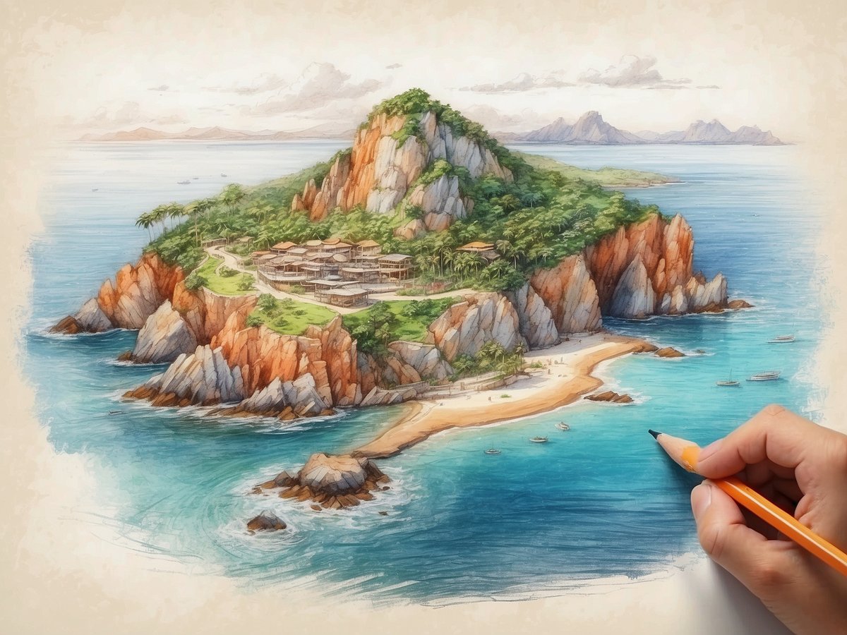 Eine handgezeichnete Illustration zeigt eine idyllische Insel mit dramatischen Felsformationen und üppigem Grün. Die Insel hat einen feinen Sandstrand und bietet eine Ansiedlung mit modernen Bauten, die harmonisch in die Landschaft integriert sind. Umgeben von klarem, türkisfarbenem Wasser sind im Hintergrund sanfte Hügel und andere Inseln zu sehen. Ein Künstler hält einen Bleistift und skizziert das Bild, wobei die ruhige Atmosphäre der Szene betont wird. Die Kombination aus Felsen, Wasser und tropischem Vegetation verleiht dem Bild einen faszinierenden Eindruck von Islands einzigartiger Natur.