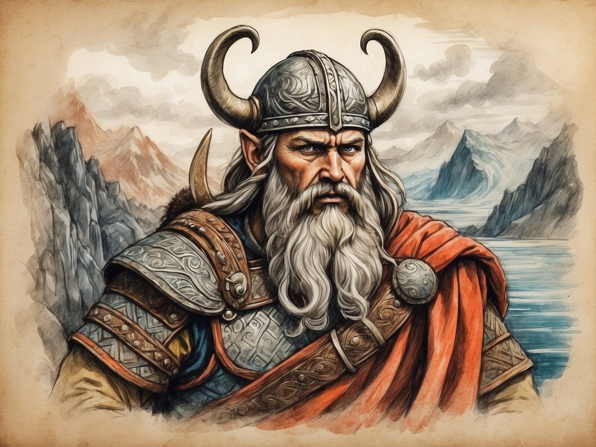 Eine majestätische Figur mit einem langen, grauen Bart und einem ernsten Ausdruck dominiert das Bild. Der Mann trägt einen beeindruckenden Eisenhelm mit Hörnern und eine aufwendige Rüstung, die mit filigranen Mustern verziert ist. Um ihn herum erstrecken sich majestätische Berge und eine weite, neblige Landschaft, die in sanften Blau- und Grautönen gehalten ist. Diese Darstellung verkörpert die Wikingermythologie und zeigt die reiche Geschichte Islands sowie die Verbindung zur Natur. Die Farbtöne und der stilisierte Hintergrund verleihen dem Bild eine epische und mystische Atmosphäre, die an die alten Geschichten über Götter und Krieger erinnert.