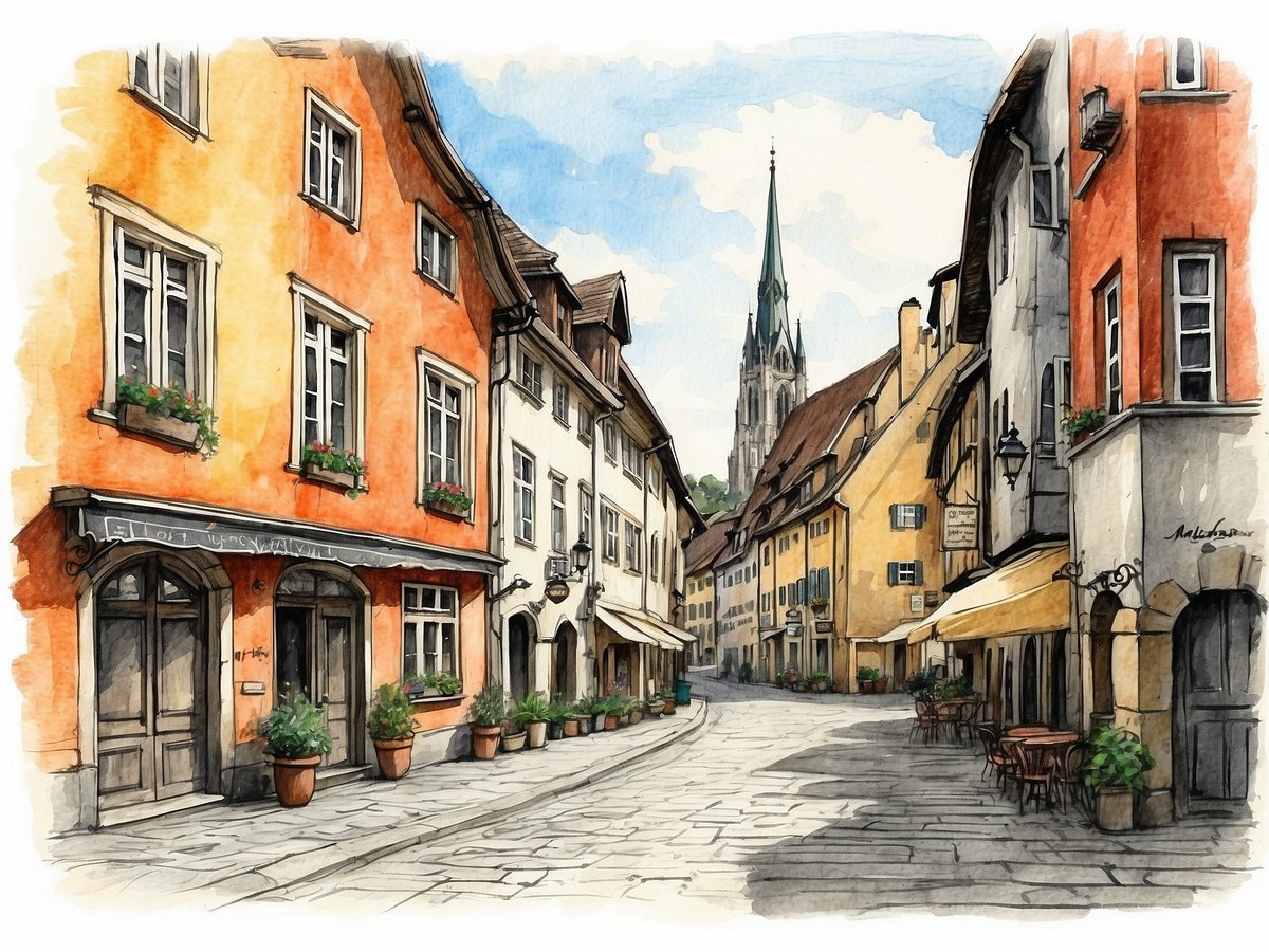 Die Ansicht zeigt eine malerische Landschaft mit einer Brücke, die über einen Fluss führt. Im Vordergrund sind traditionell gebaute Häuser mit roten Dächern, die sich entlang einer gepflasterten Straße gruppieren. Auf der linken Seite ist ein Teil einer Mauer zu sehen. Im Hintergrund erhebt sich ein steiler Felsen mit einer imposanten Burg oder Festung, die bis zum Himmel reicht. Der Himmel ist bewölkt und verleiht der Szenerie eine verträumte Atmosphäre. In der Ferne zeichnen sich weitere Berge ab, die die natürliche Schönheit der Umgebung unterstreichen.