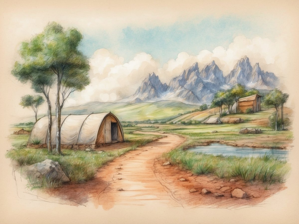 Eine malerische Landschaft mit sanften Hügeln und majestätischen Bergen im Hintergrund. Im Vordergrund führt ein geschwungener Weg zu einem Zelt aus Stoff und Holz, umgeben von einigen Bäumen. Rechts befindet sich ein kleiner Teich, der das grüne Gras und die Natur widerspiegelt. Im Hintergrund sind weitere Gebäude zu erkennen, die harmonisch in die Landschaft integriert sind. Der Himmel ist leicht bewölkt, was eine ruhige und friedliche Atmosphäre schafft, ideal für nachhaltigen Ökotourismus in Island.