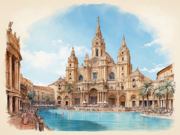 Auf dem Bild ist ein beeindruckendes Gebäude zu sehen, das an die Architektur Valencias erinnert. Die Stadt Valencia hat eine reiche Geschichte, die von römischen, maurischen und christlichen Einflüssen geprägt ist. Das dargestellte Gebäude könnte eine inspiriert von der bekannten Architektur der Kathedrale von Valencia oder von der Stadtverwaltung sein, vielleicht am Plaza del Ayuntamiento, umgeben von schönen Palmen und einer Wasserfläche, die an die vielen Brunnen und Plätze in der Stadt erinnert.

Valencia ist auch für ihre lebendige Kultur und Festivals bekannt, wie die Las Fallas, die farbenfrohe Paraden und beeindruckenden Feuerwerke beinhalten. Solche Szenerien könnten bei einer friedlichen Zusammenkunft von Bürgern und Touristen entstehen, die das architektonische Erbe und die Umgebung genießen.