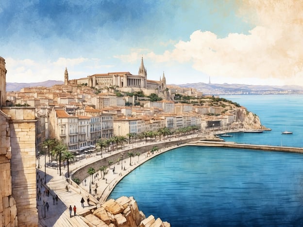 Auf dem Bild ist eine malerische Ansicht von Marseille zu sehen. Im Hintergrund könnte die Basilika Notre-Dame de la Garde erkennbar sein, die auf einem Hügel thront und als wichtiges Wahrzeichen der Stadt gilt. An der Küste sind elegante Gebäude und eine geschwungene Uferpromenade sichtbar, die zum Hafen führt, während das klare blaue Wasser der Bucht im Vordergrund glänzt. Auch die Palmen entlang der Promenade verleihen der Szene ein entspannendes mediterranes Flair.